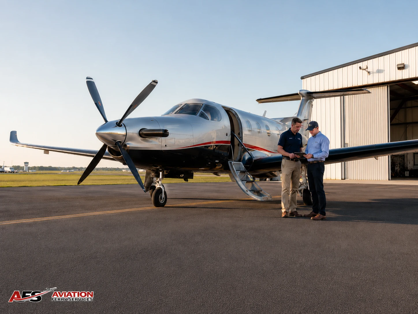 Pilots reviewing aircraft details beside a turboprop aircraft outside a hangar.