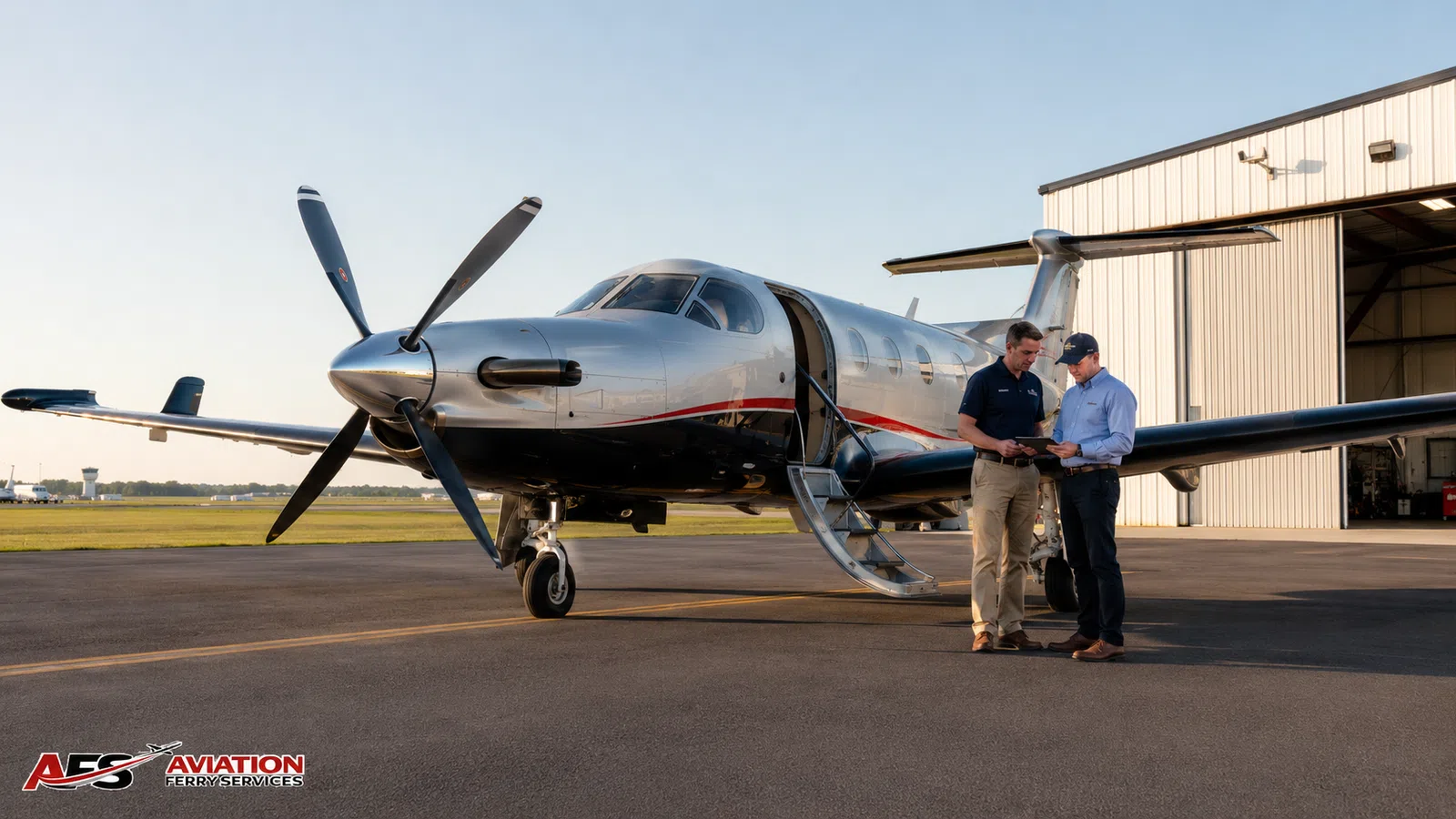 Twin-engine propeller aircraft parked on a quiet sunny airport taxiway.