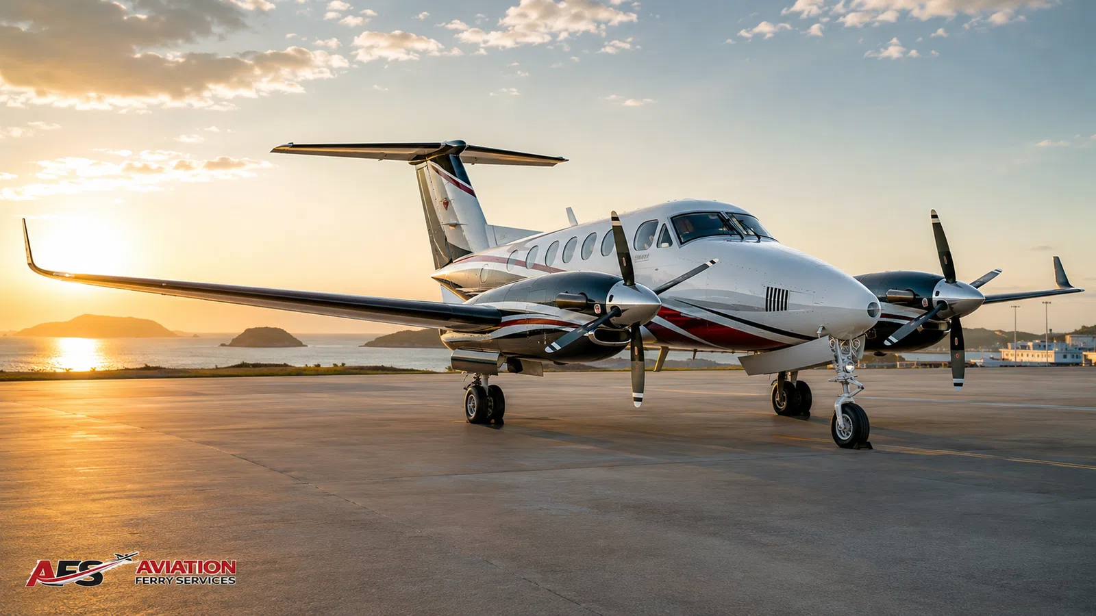 Twin turboprop aircraft parked on an airport ramp at sunset.