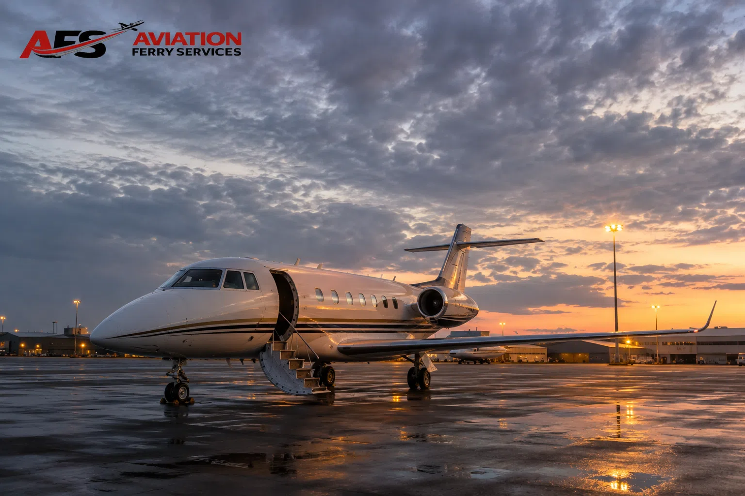 AFS aircraft photo — aircraft on a wet sunset ramp