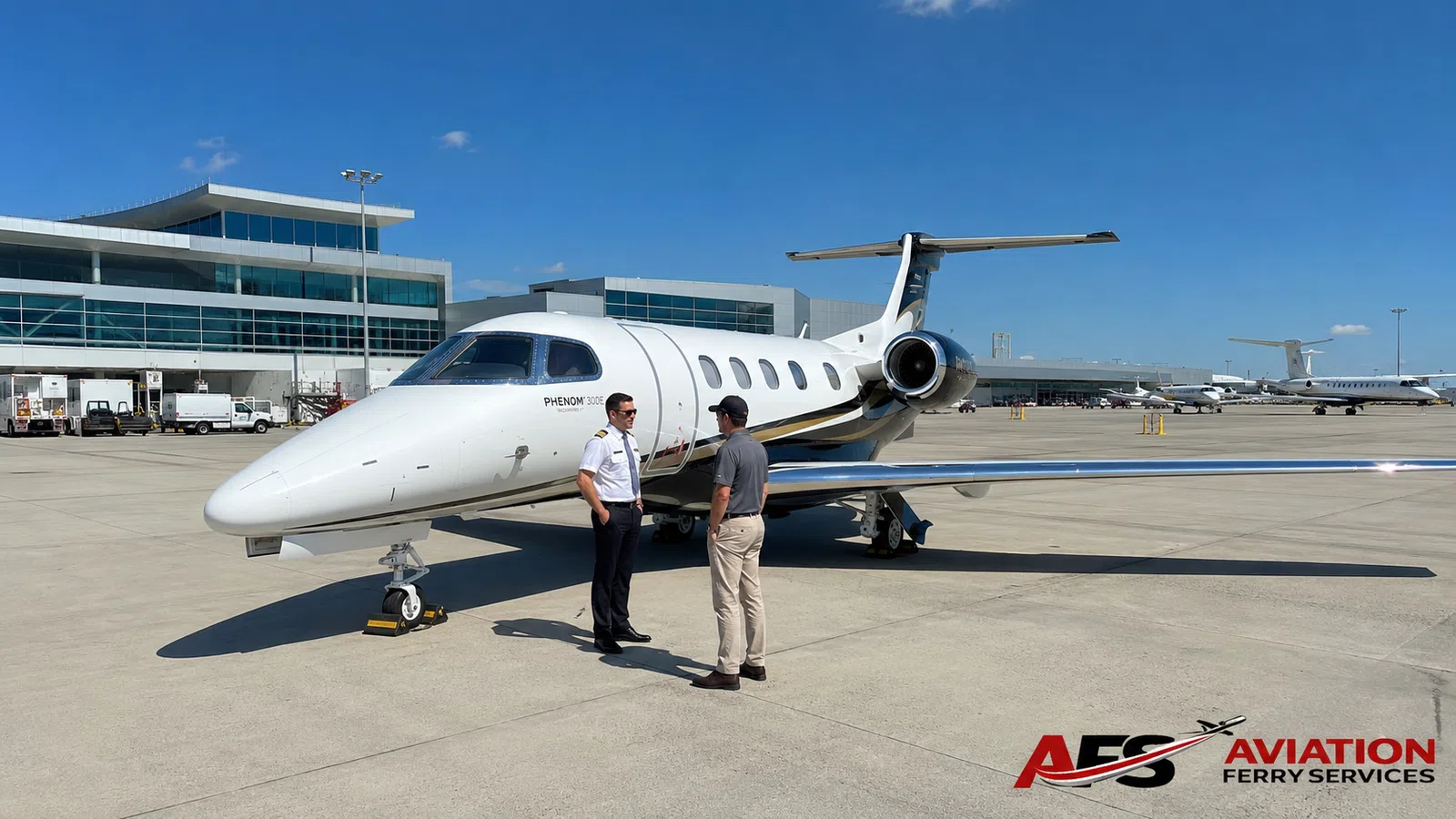 Light business jet parked on an airport ramp.
