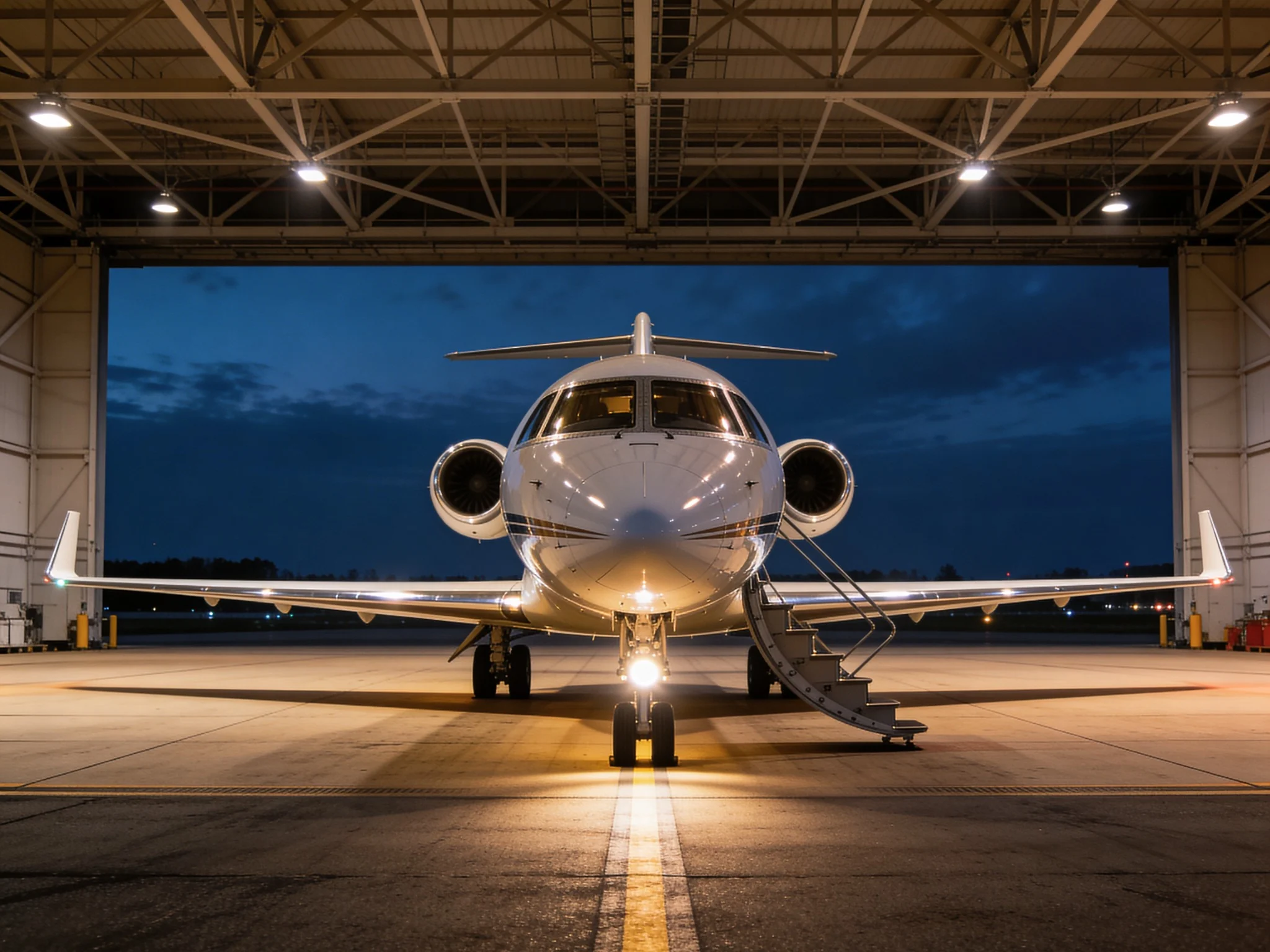 Business aircraft in a hangar at twilight for aircraft ferry mission review